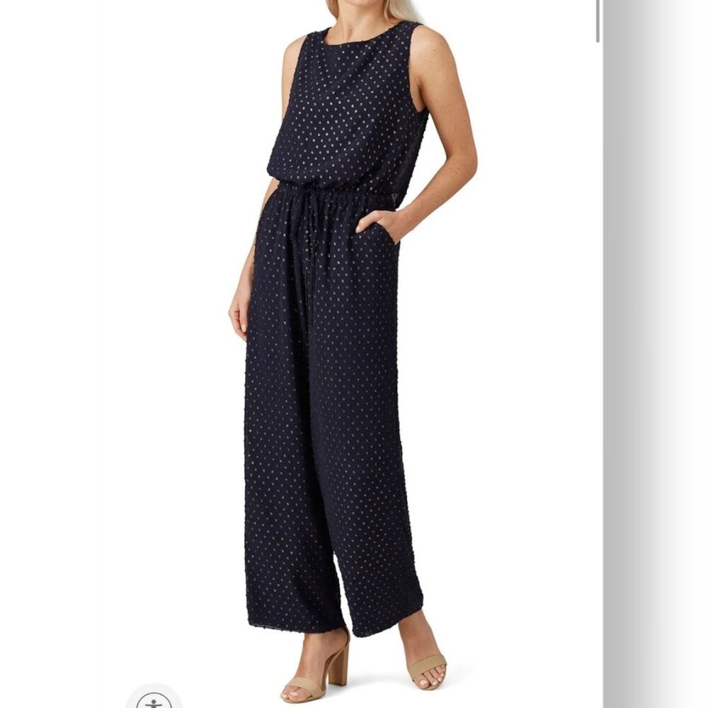 Maison de Papillon Marissa Swiss Dot Jumpsuit Women's Medium Navy Blue
